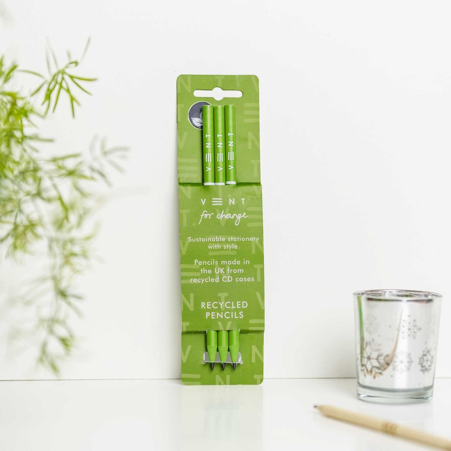 3 recycled pencils with Make a Mark design in sleeve, made from CD cases and fully recyclable - green
