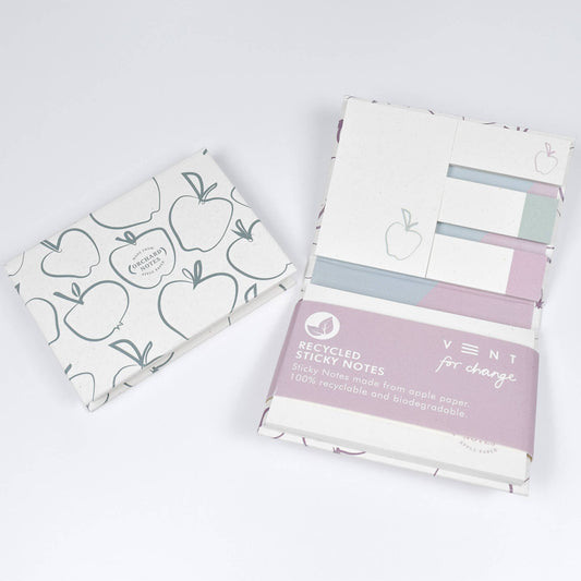 Recycled sticky notes pad in green or pink with Orchard Notes debossed cover and three sizes of biodegradable sticky notes