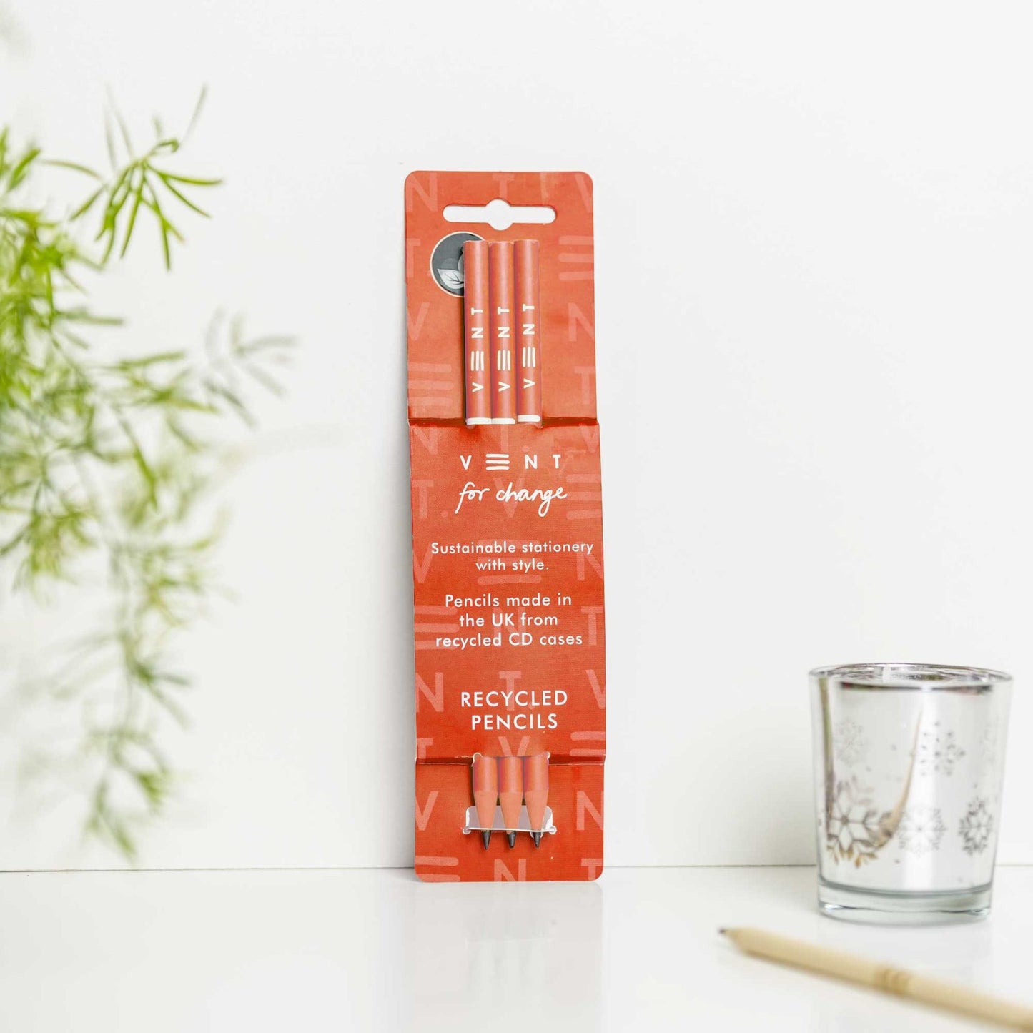 3 recycled pencils with Make a Mark design in sleeve, made from CD cases and fully recyclable - orange