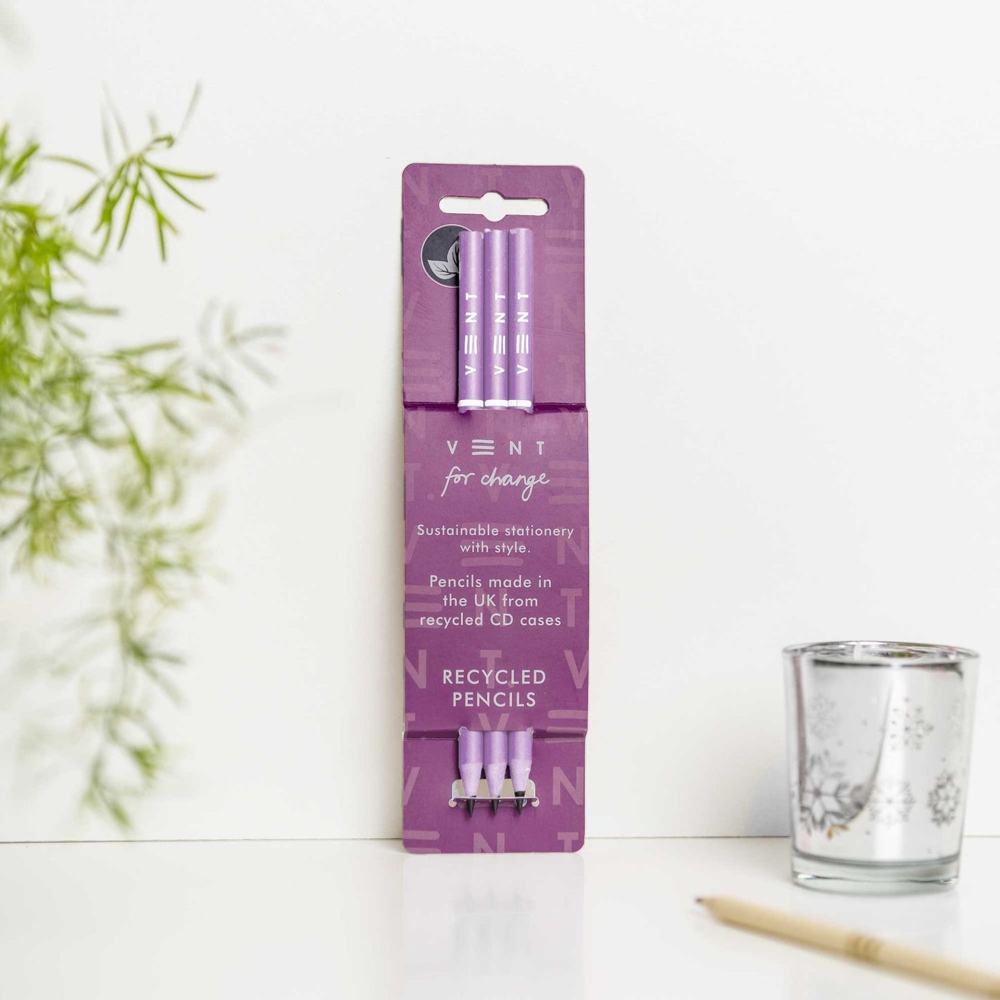 3 recycled pencils with Make a Mark design in sleeve, made from CD cases and fully recyclable - purple