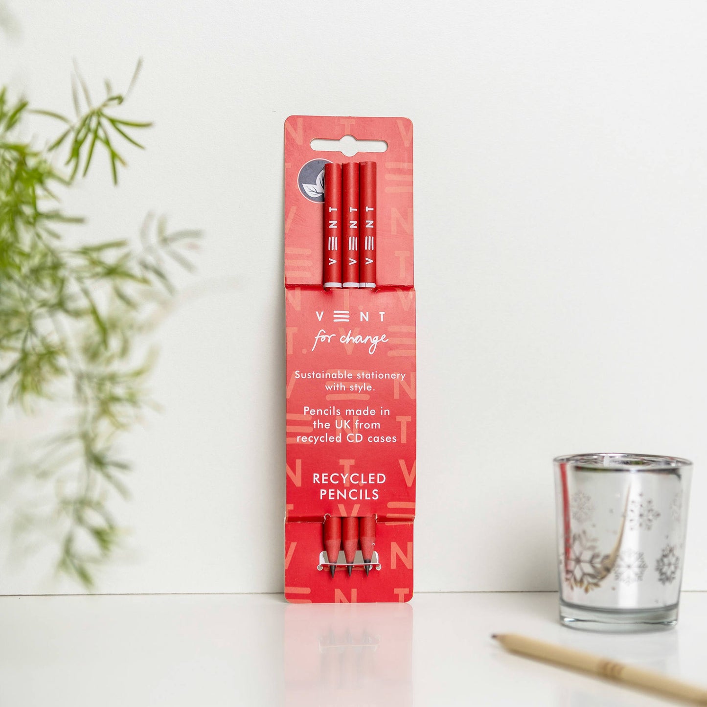 3 recycled pencils with Make a Mark design in sleeve, made from CD cases and fully recyclable - red