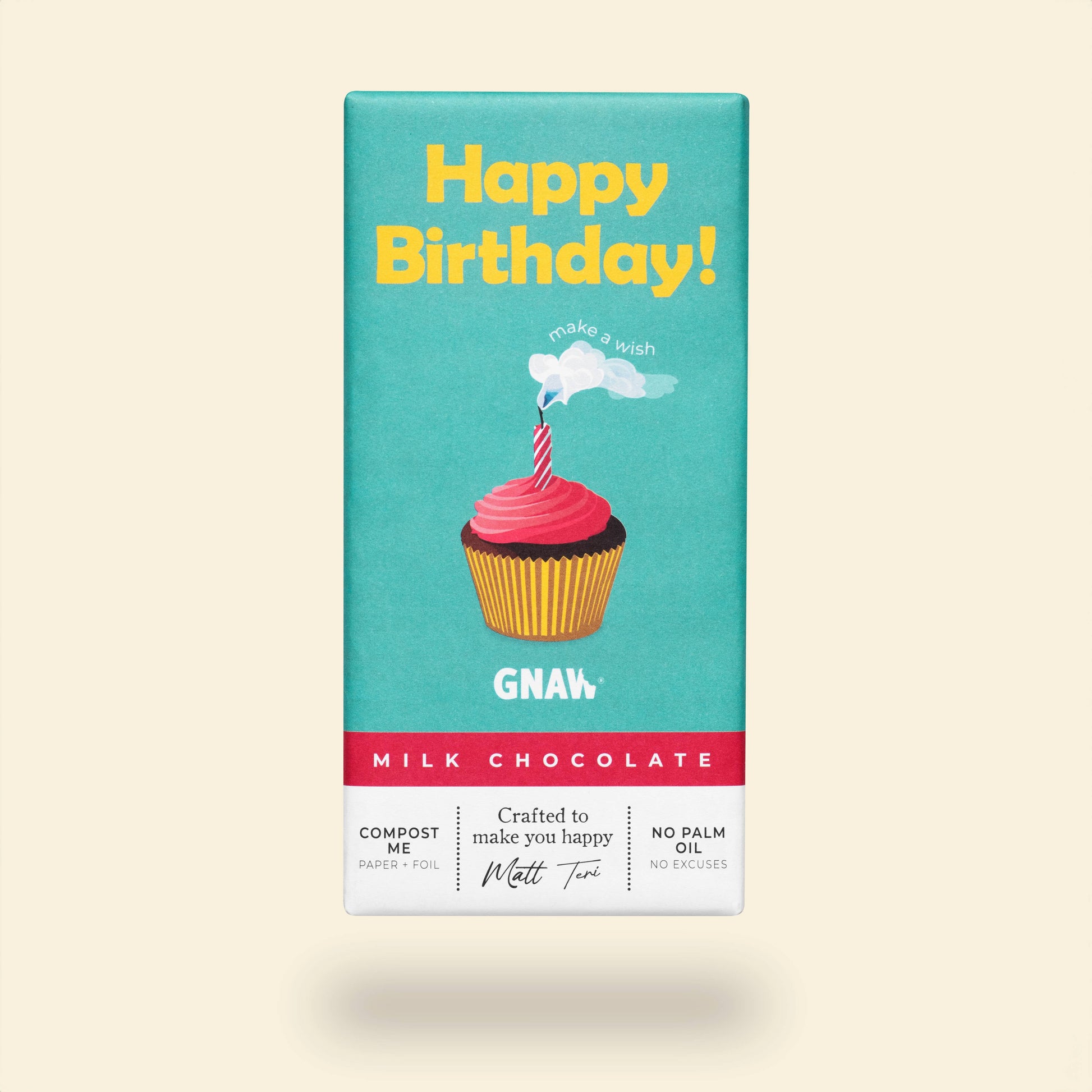 GNAW Happy Birthday Colombian milk chocolate bar in compostable packaging