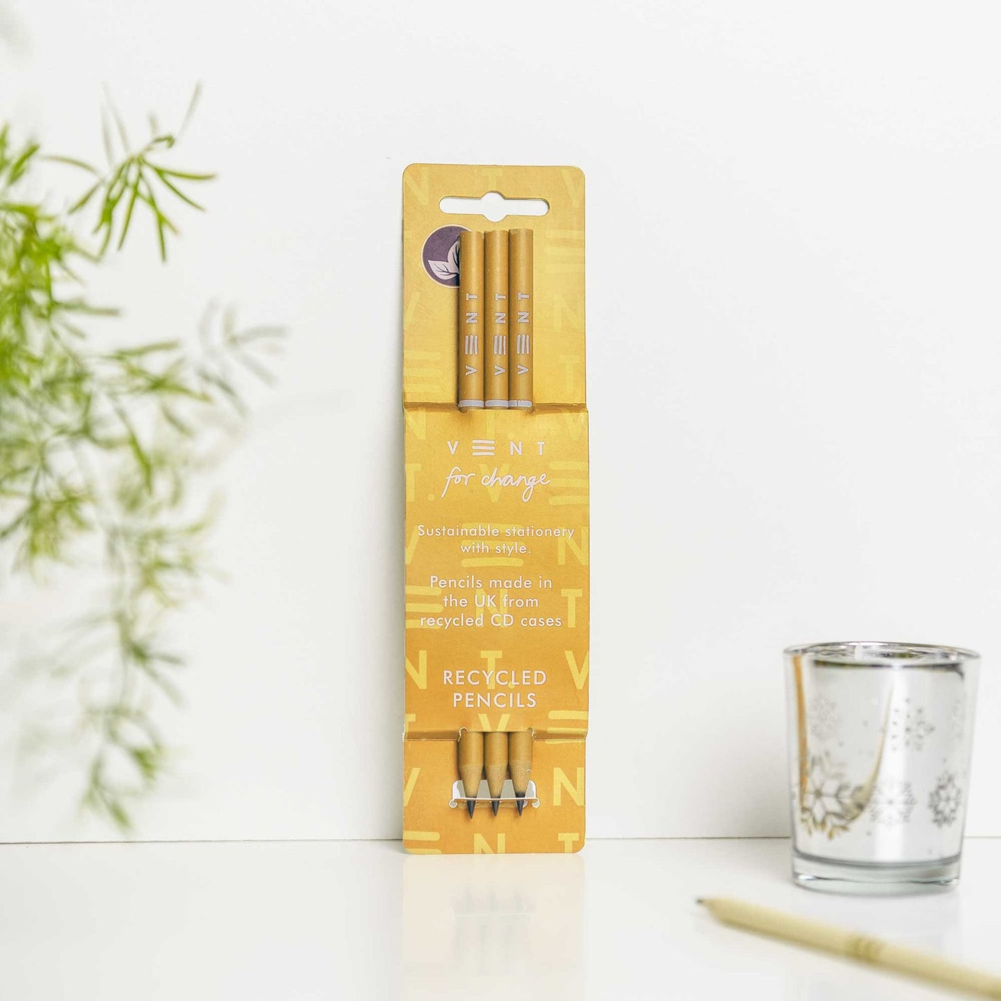 3 recycled pencils with Make a Mark design in sleeve, made from CD cases and fully recyclable - yellow