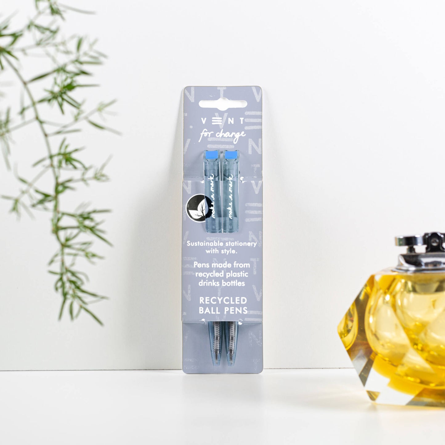 2 recycled ballpoint pens with black ink in a blue Make a Mark sleeve, made from single-use plastic bottles