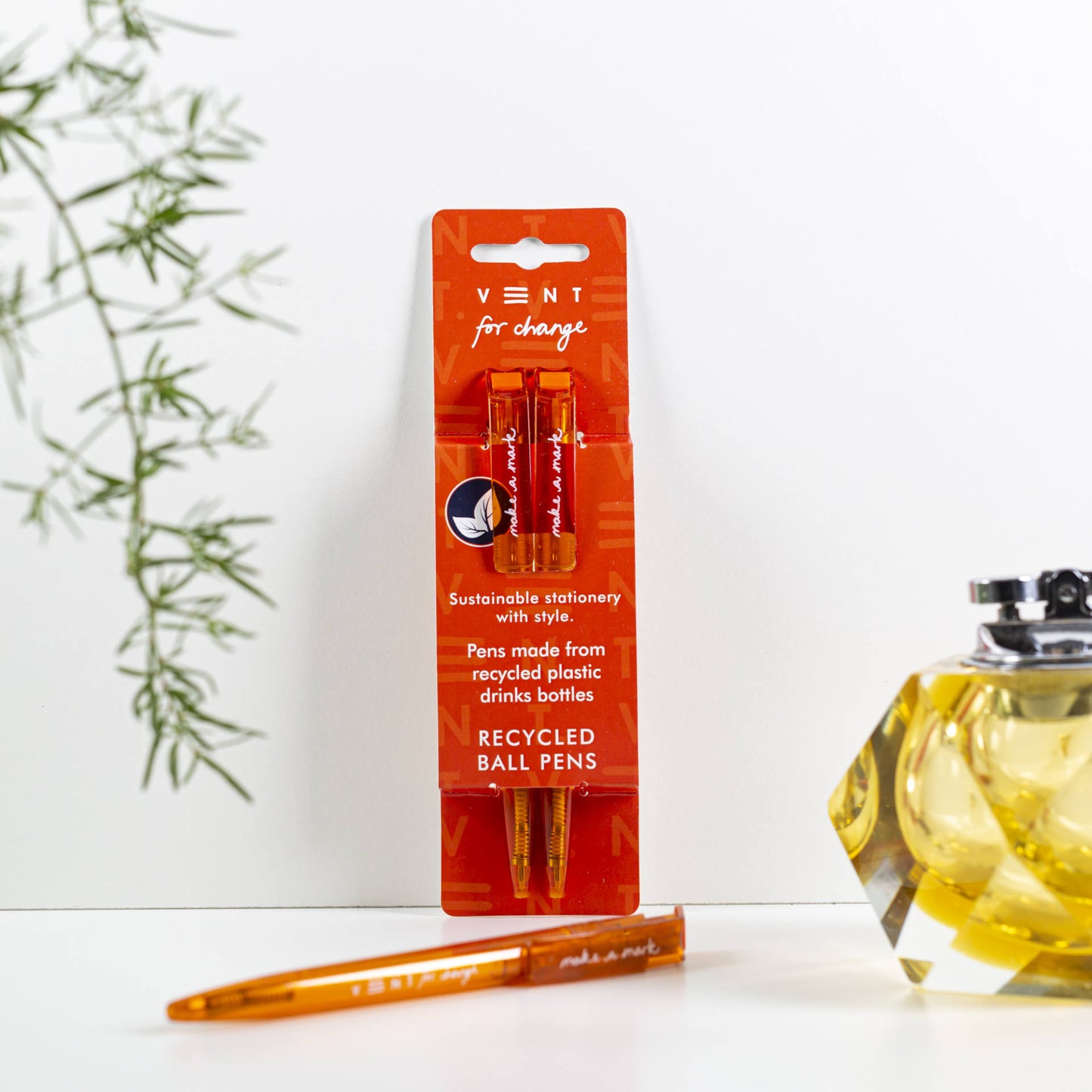 2 recycled ballpoint pens with black ink in a orange Make a Mark sleeve, made from single-use plastic bottles