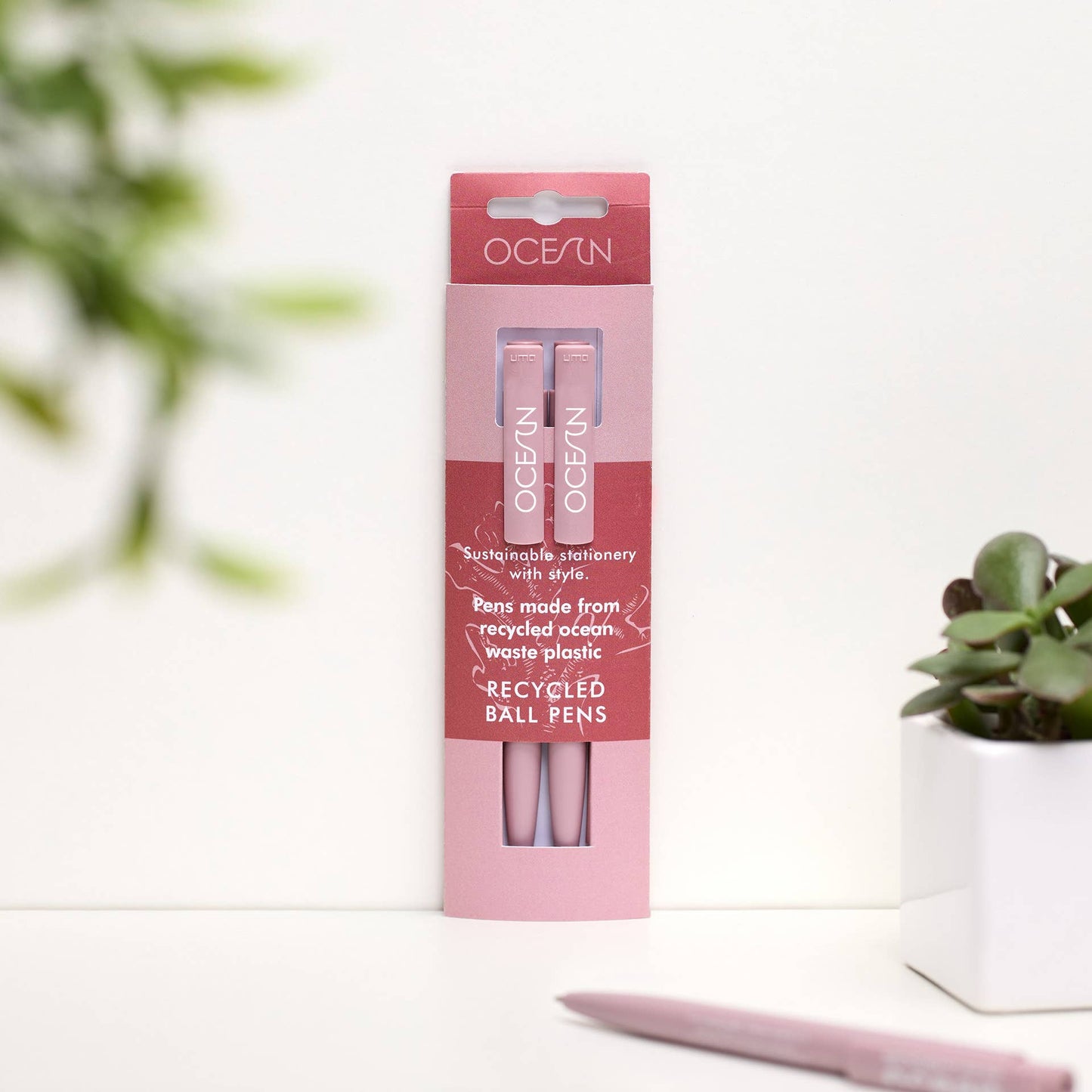 Set of two OCEAN recycled ball pens made from ocean waste plastic, with printed clips and blue ink - Coral Red