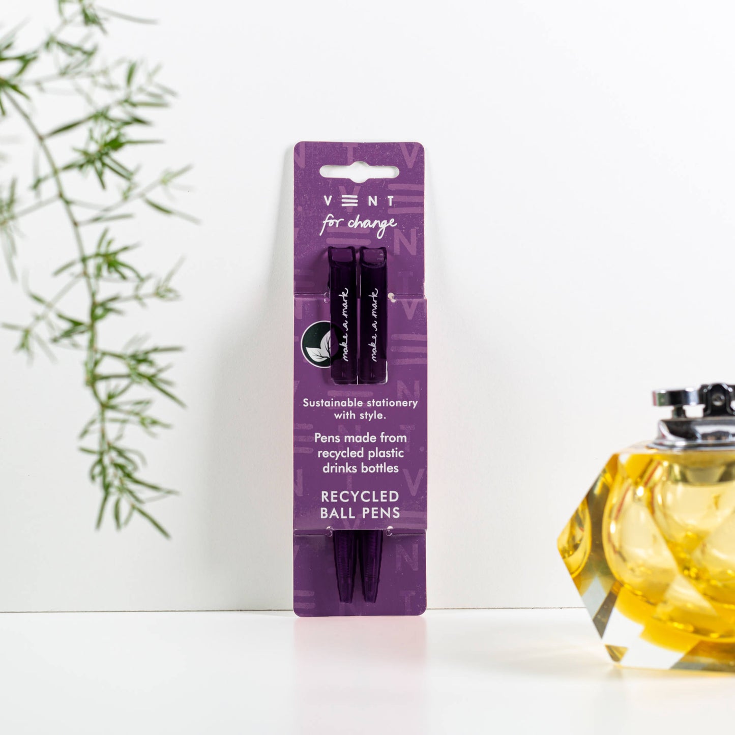 2 recycled ballpoint pens with black ink in a purple Make a Mark sleeve, made from single-use plastic bottles