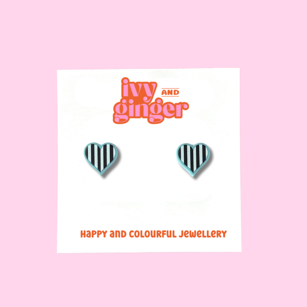 PASTEL BLUE MONOCHROME STRIPE HEART STUDS