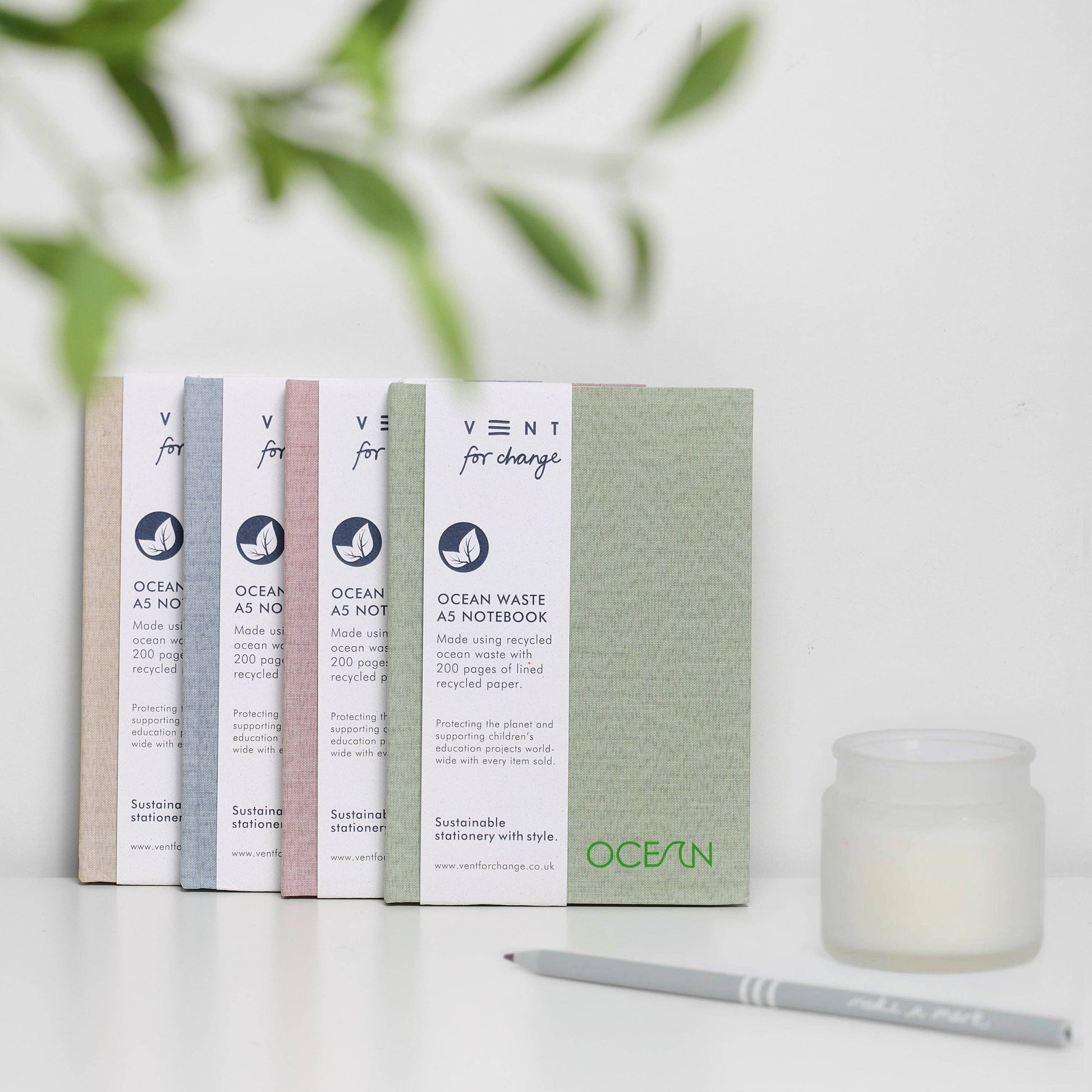 A5 notebook with hardback cover made from recycled ocean plastic and 200 pages of recycled lined paper