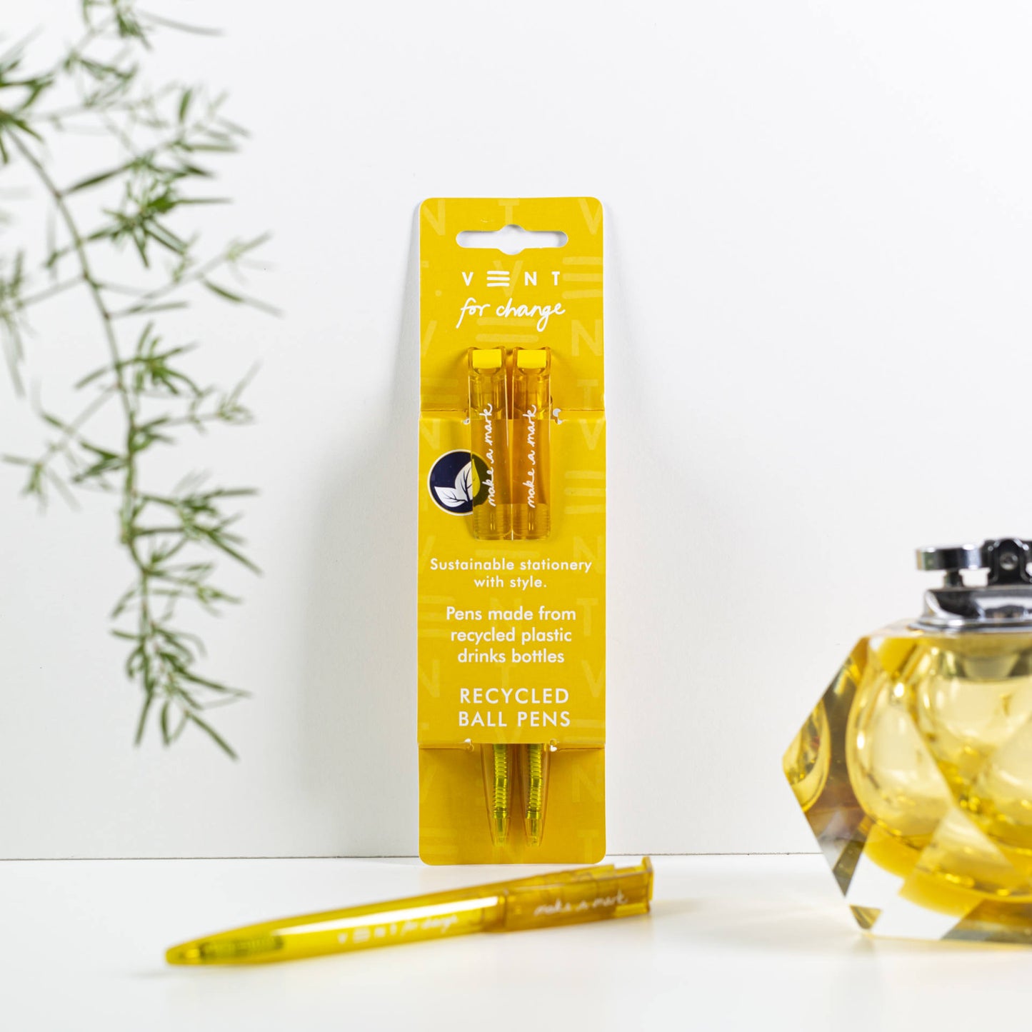 2 recycled ballpoint pens with black ink in a yellow Make a Mark sleeve, made from single-use plastic bottles