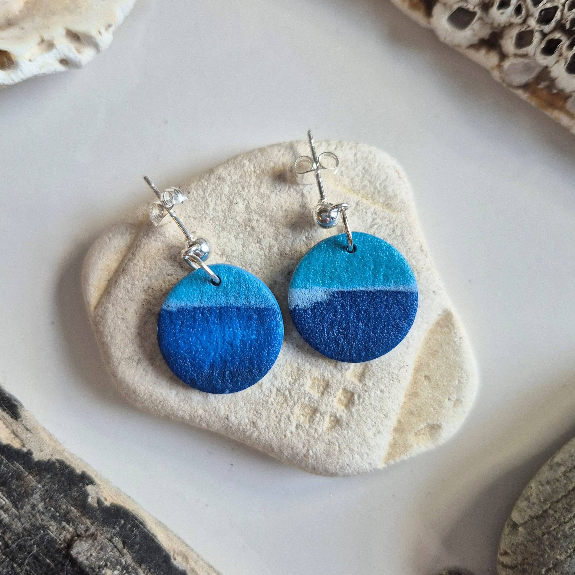 Pair of handmade polymer clay drop earrings – lightweight blue nautical design by Sefara Jewellery