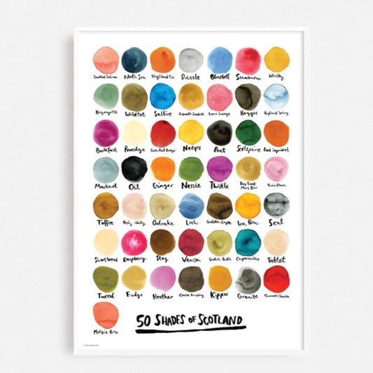 A colourful print by Emily Mackenzie titled '50 Shades of Scotland' featuring various circular inky colour swatches named after places or elements in Scotland with playful names like Midgie Bite and Deep Fried Mars Bar