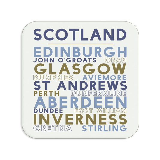 Coaster with Scottish city names in various colours on a white background