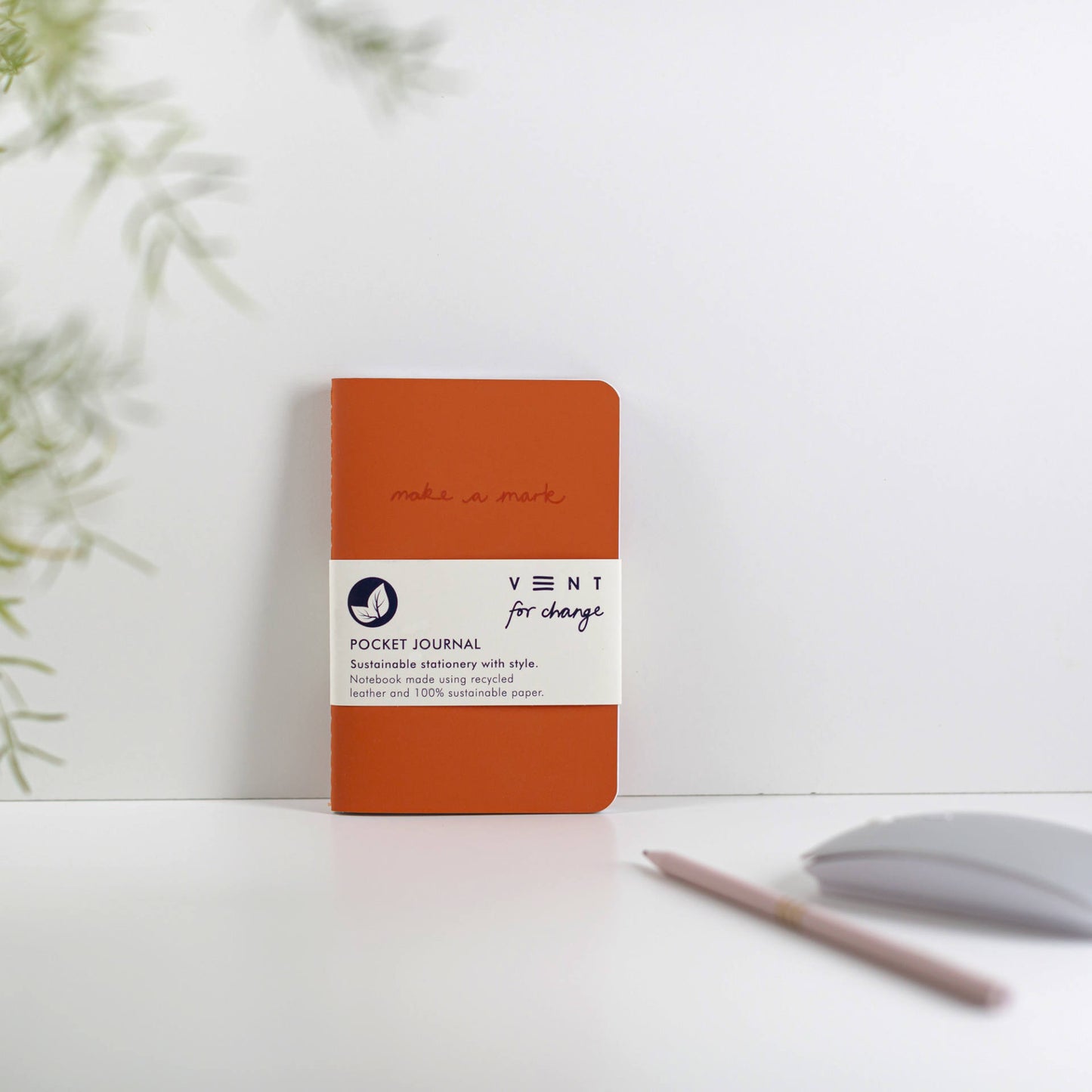 Slim pocket journal with recycled leather cover, Make a Mark design, and FSC-certified lined and plain pages - orange