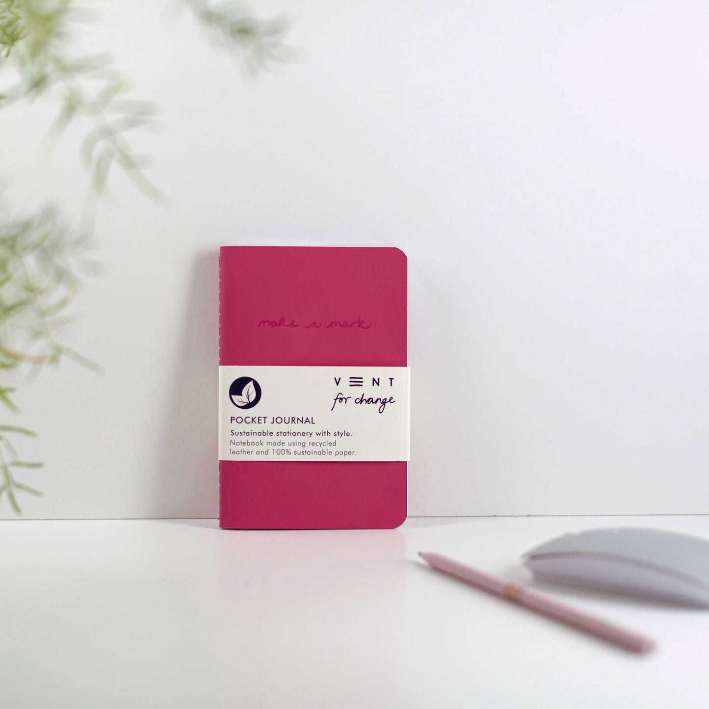 Slim pocket journal with recycled leather cover, Make a Mark design, and FSC-certified lined and plain pages - pink