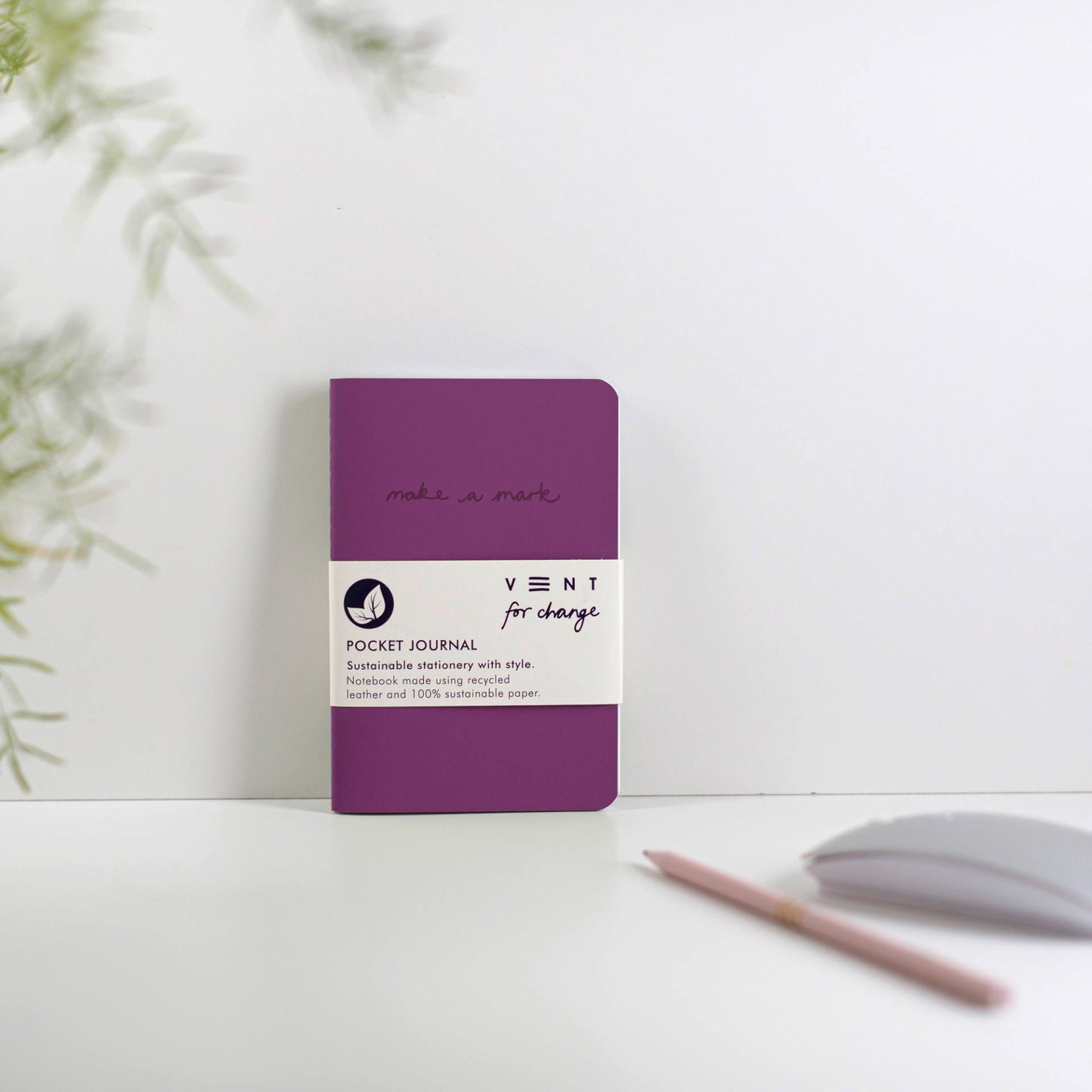 Slim pocket journal with recycled leather cover, Make a Mark design, and FSC-certified lined and plain pages - purple