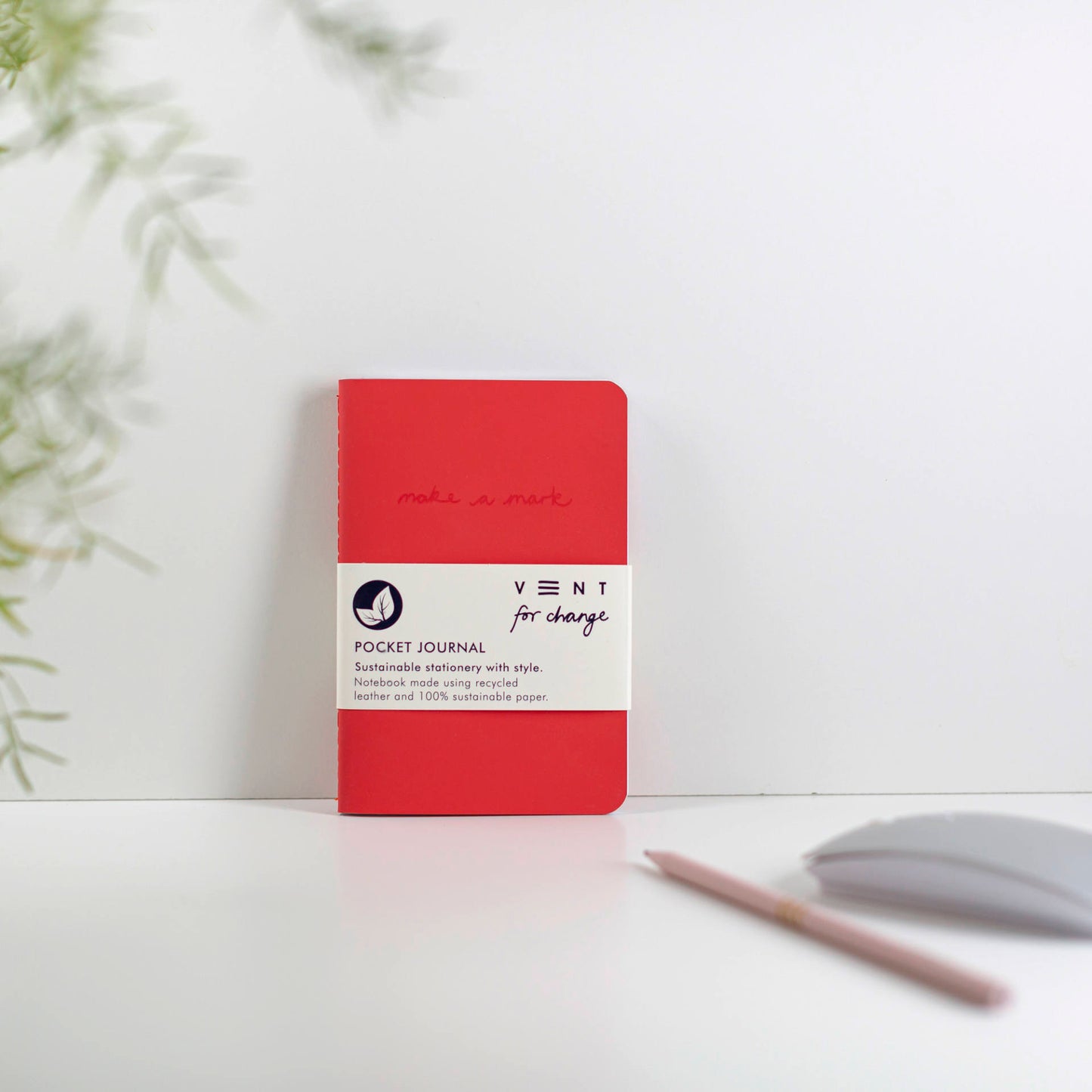 Slim pocket journal with recycled leather cover, Make a Mark design, and FSC-certified lined and plain pages - red