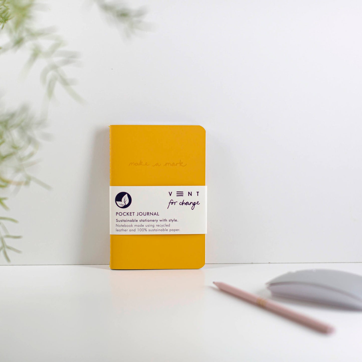 Slim pocket journal with recycled leather cover, Make a Mark design, and FSC-certified lined and plain pages - yellow