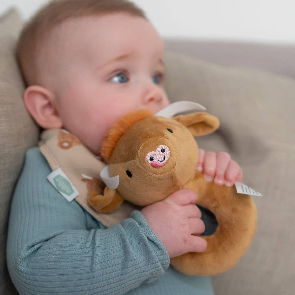Baby holding a Soft Highland Cow plush baby rattle with gentle sensory sound, perfect for newborns
