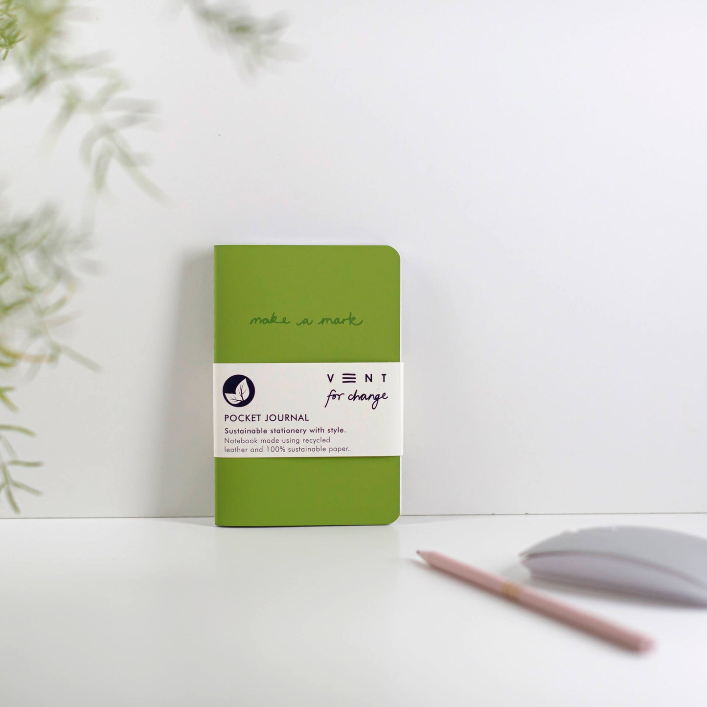 Slim pocket journal with recycled leather cover, Make a Mark design, and FSC-certified lined and plain pages - green