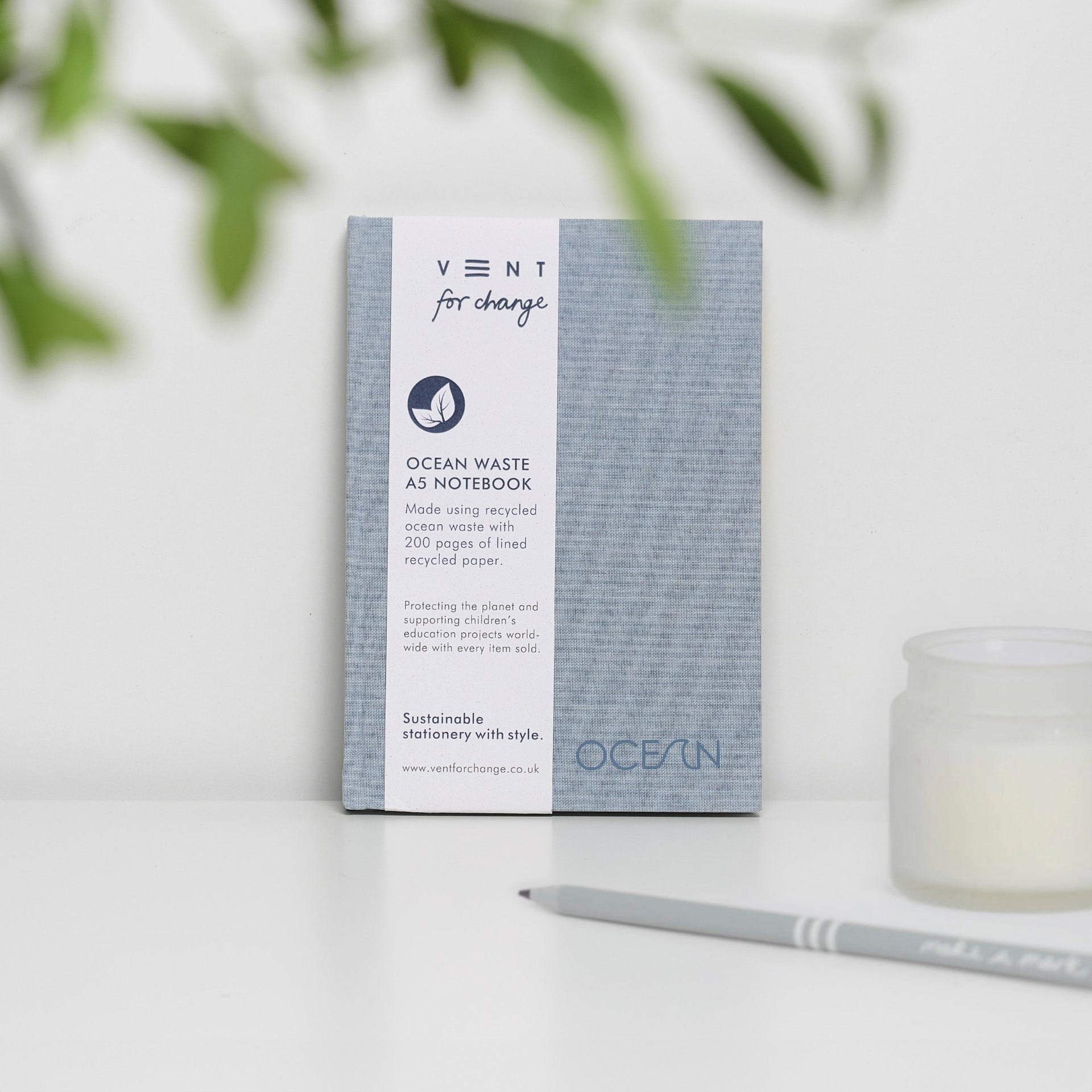 A5 notebook with hardback cover made from recycled ocean plastic and 200 pages of recycled lined paper - Sea Blue