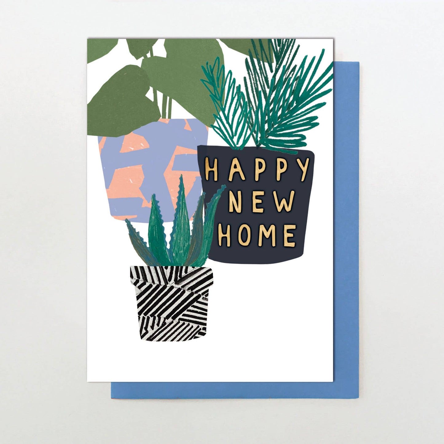 New home card with house plants and pots, gold foil detail, and blue envelope
