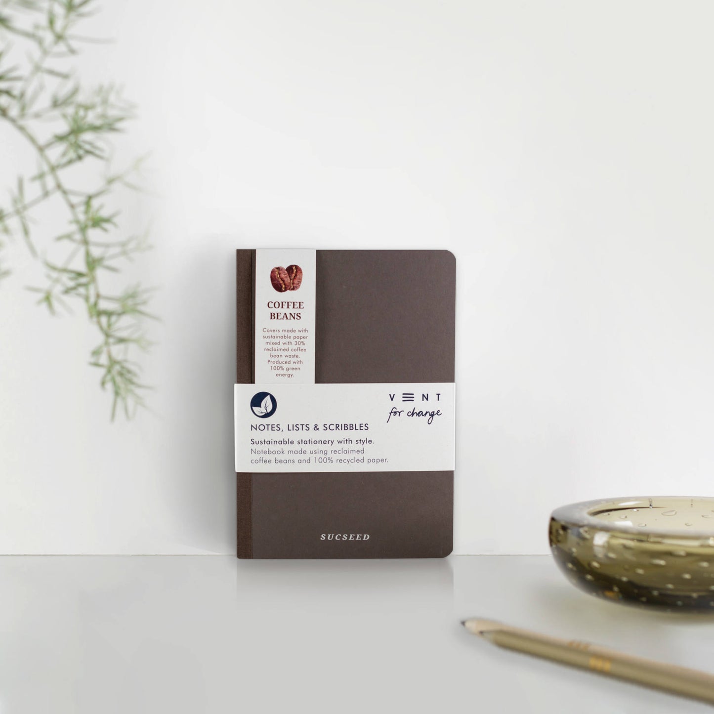 A6 notebook with SUCSEED foil cover, made from coffee waste and recycled paper, with lined, plain and numbered pages