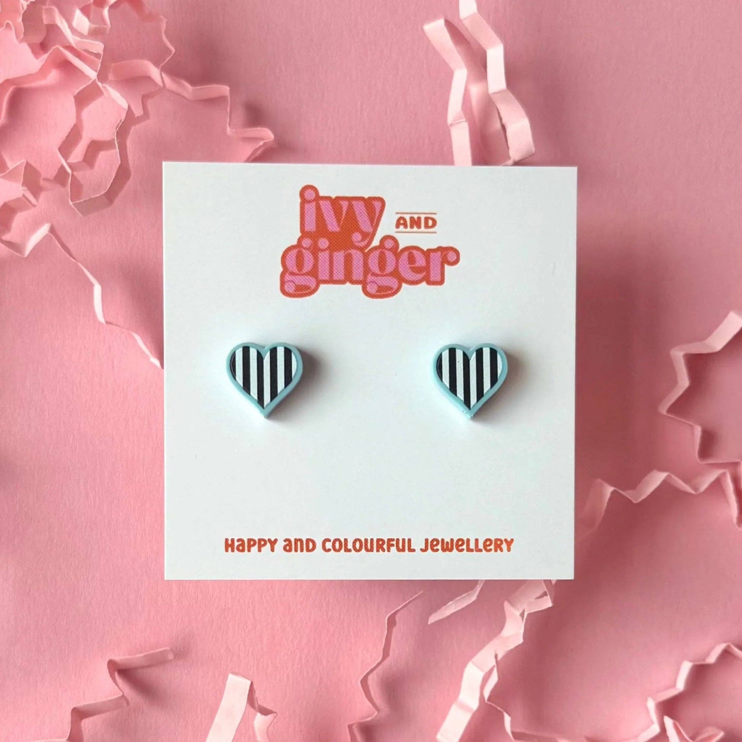 PASTEL BLUE MONOCHROME STRIPE HEART STUDS