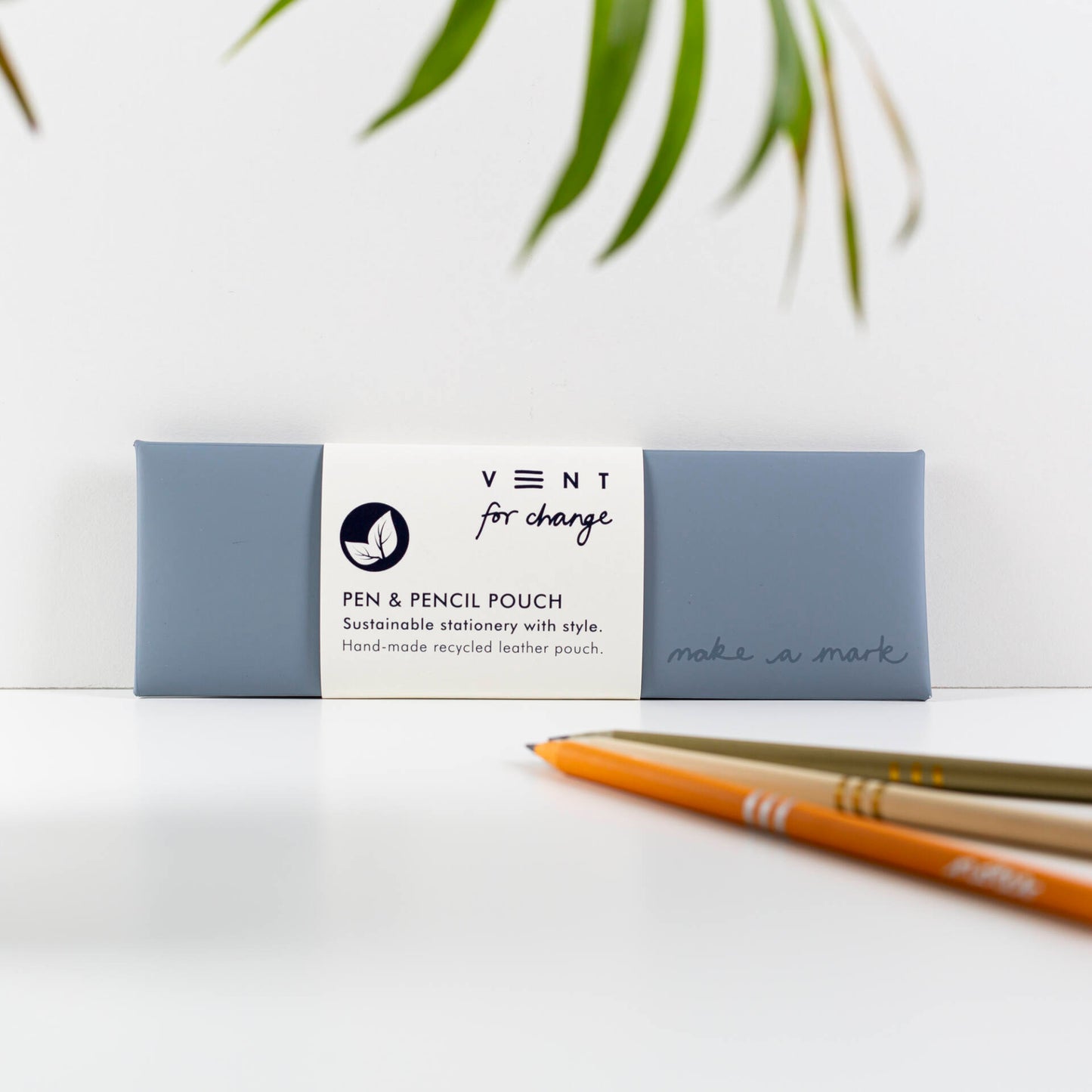 Recycled leather pencil case debossed with Make a Mark logo, handmade in Italy, eco-friendly and gift-ready - dusty blue