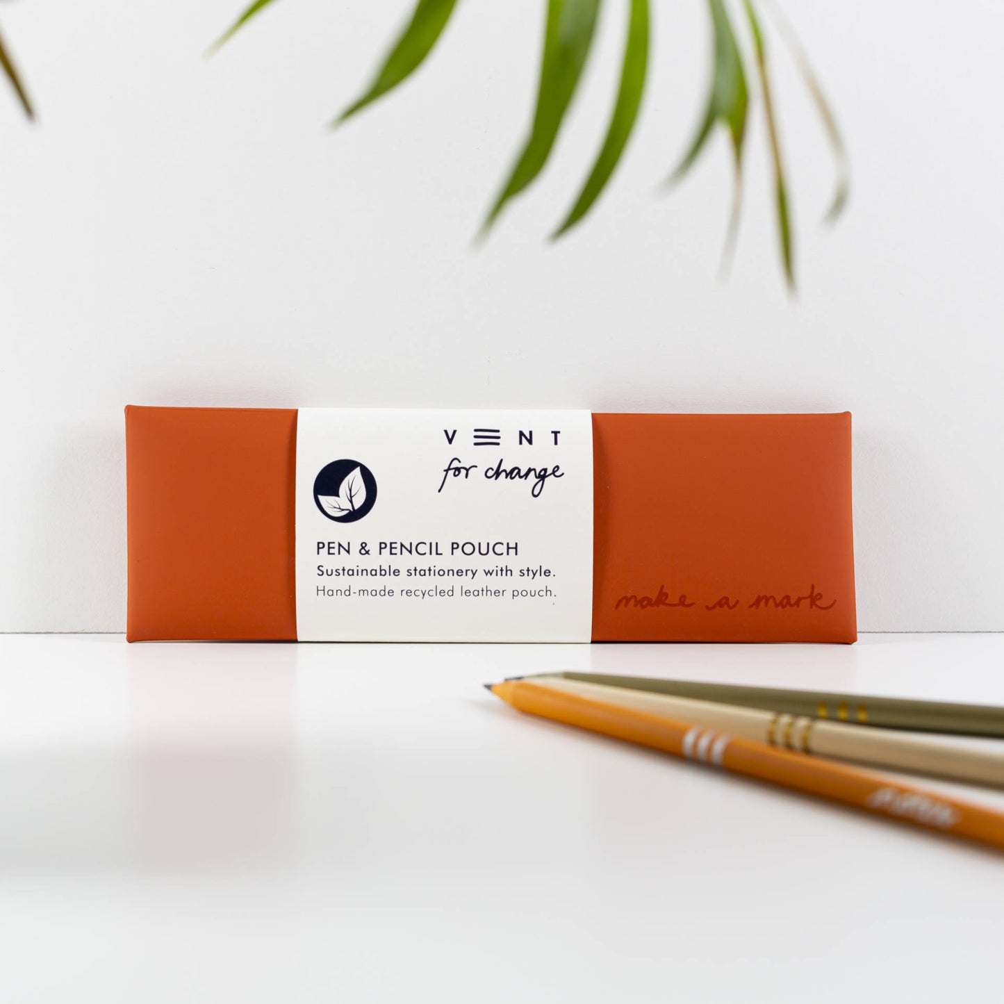Recycled leather pencil case debossed with Make a Mark logo, handmade in Italy, eco-friendly and gift-ready - orange