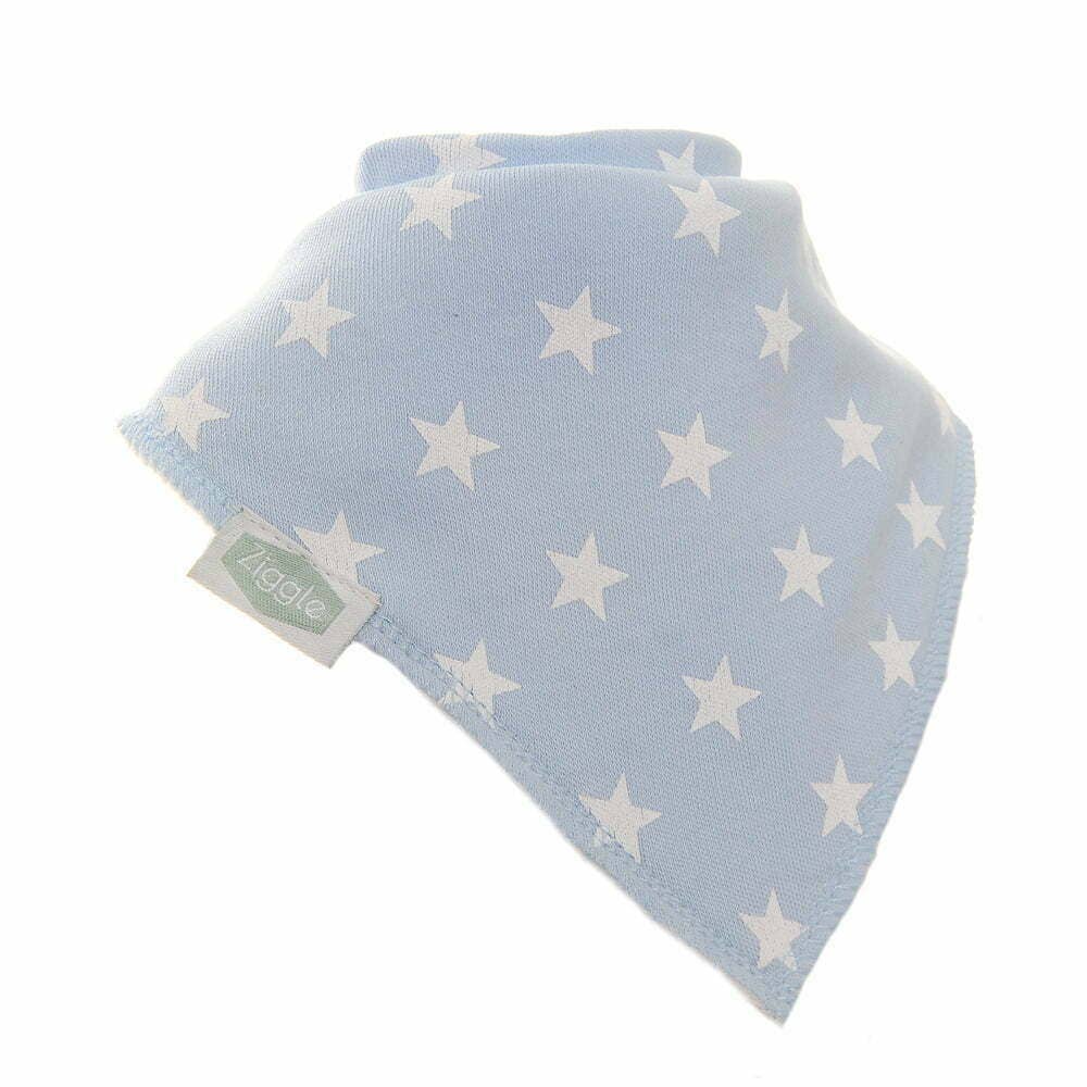 Light blue baby bib with star pattern on a white background