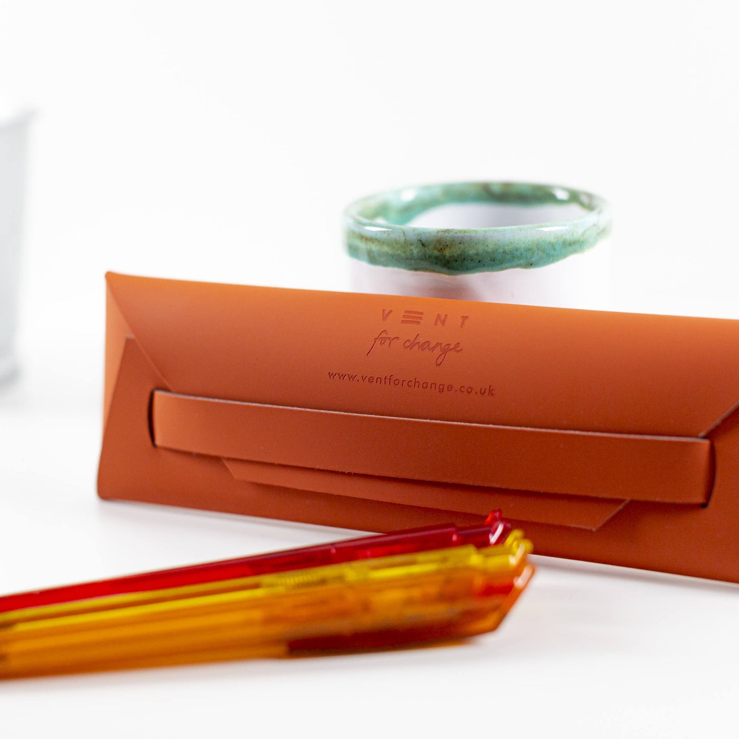 Recycled leather pencil case debossed with Make a Mark logo, handmade in Italy, eco-friendly and gift-ready - orange