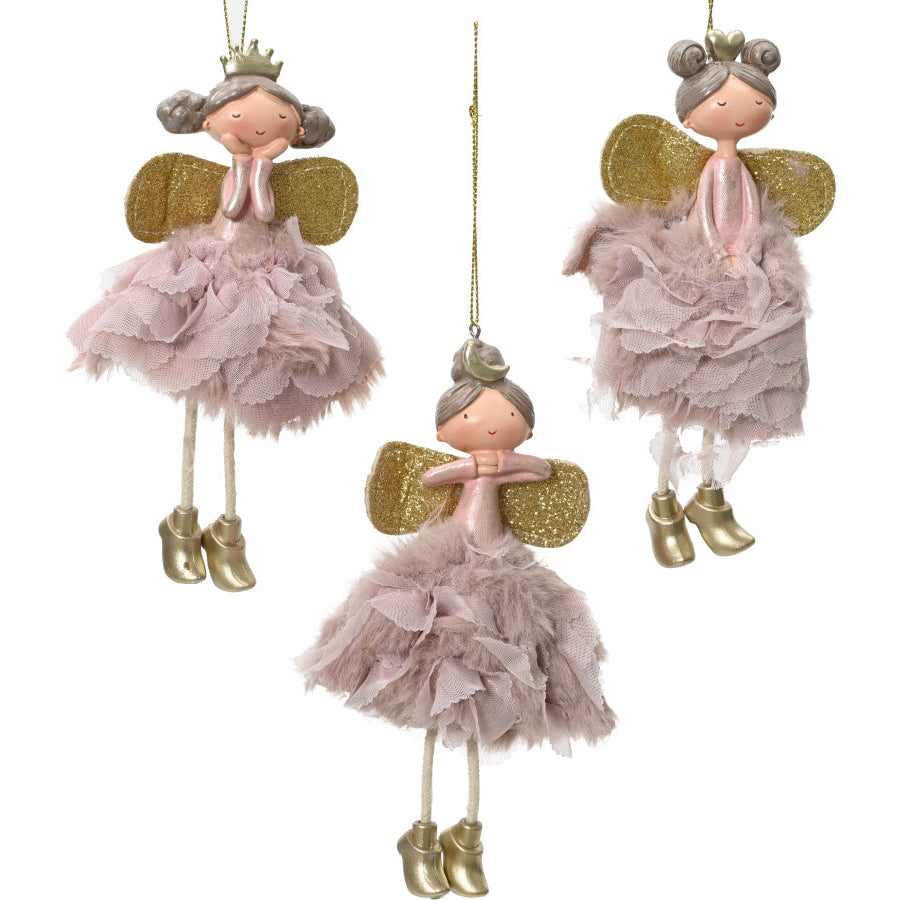 Three decorative fairy figurines with pink dresses, gold shoes, and glittery wings - hanging tree decorations