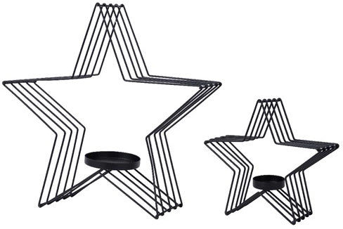 Set of 2 Black star-shaped metal wire decorations with a central candle holders