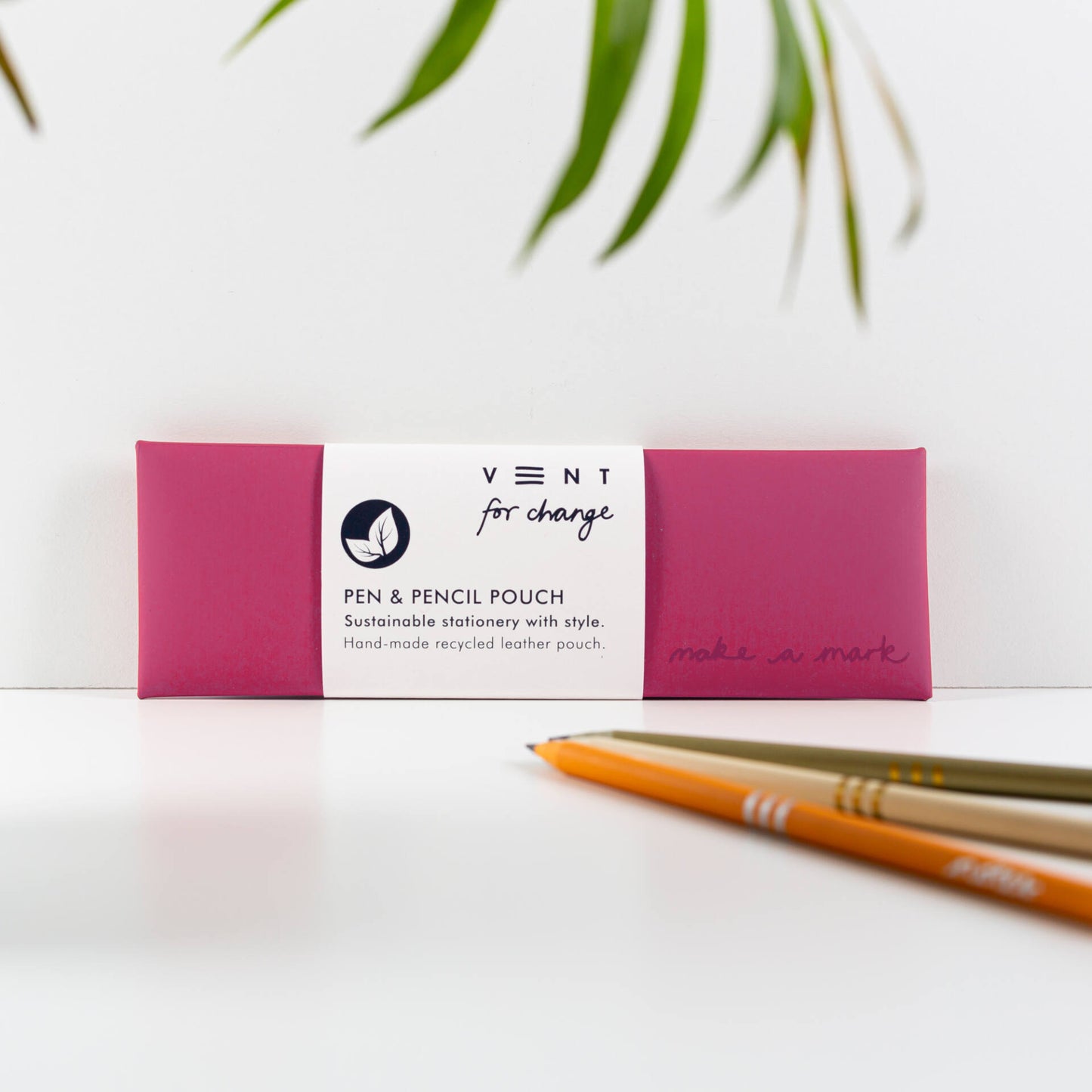 Recycled leather pencil case debossed with Make a Mark logo, handmade in Italy, eco-friendly and gift-ready - pink