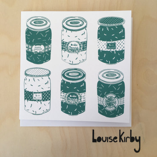 Illustrated square greetings card of Dundee Marmalade by Louise Kirby - Green