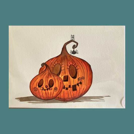 Hand-painted A5 pumpkin card by Lill Casas with watercolour and ink details.