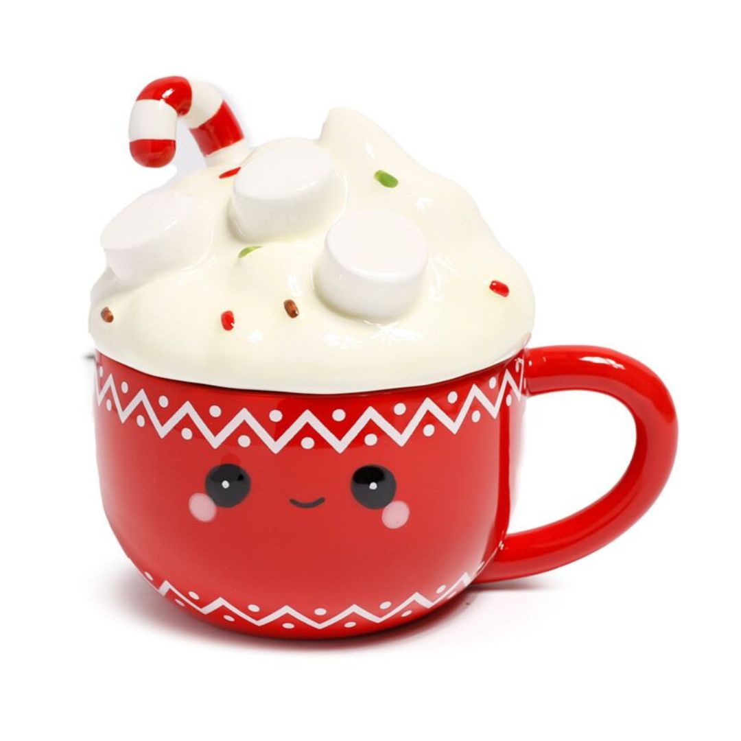 Hot Chocolate Lidded Mug keeps your warm drinks warm for longer. Mug has cute face and lid is like whipped cream, marshmallows and a candy cane