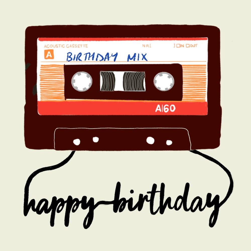 Birthday Mixtape card with quirky retro cassette tape illustration by Design Smith on square 15cm card