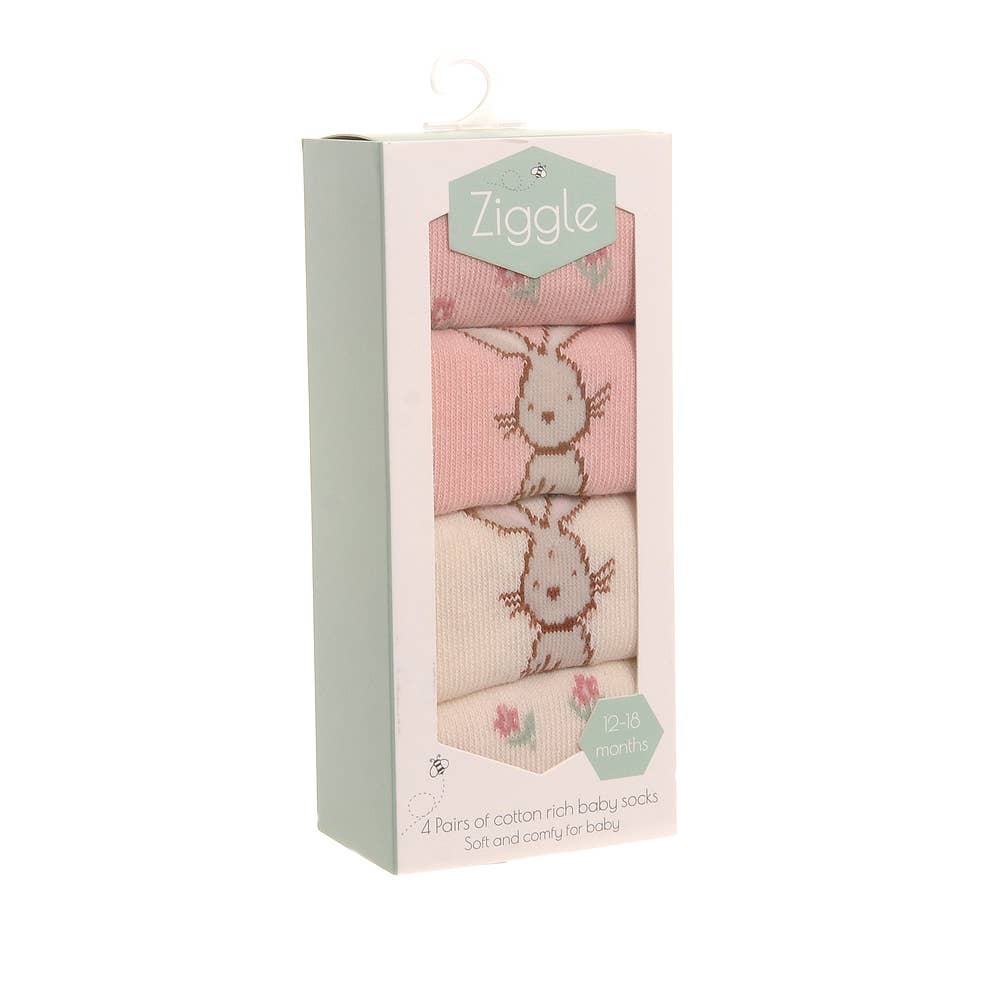 Cotton baby socks with bunny design, anti-slip soles and ribbed cuffs in gift box
