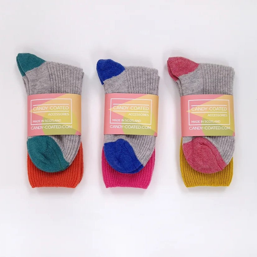 Colourful lambswool lounge socks from the Balance Collection, showing the soft texture and all three two-tone colour combinations.