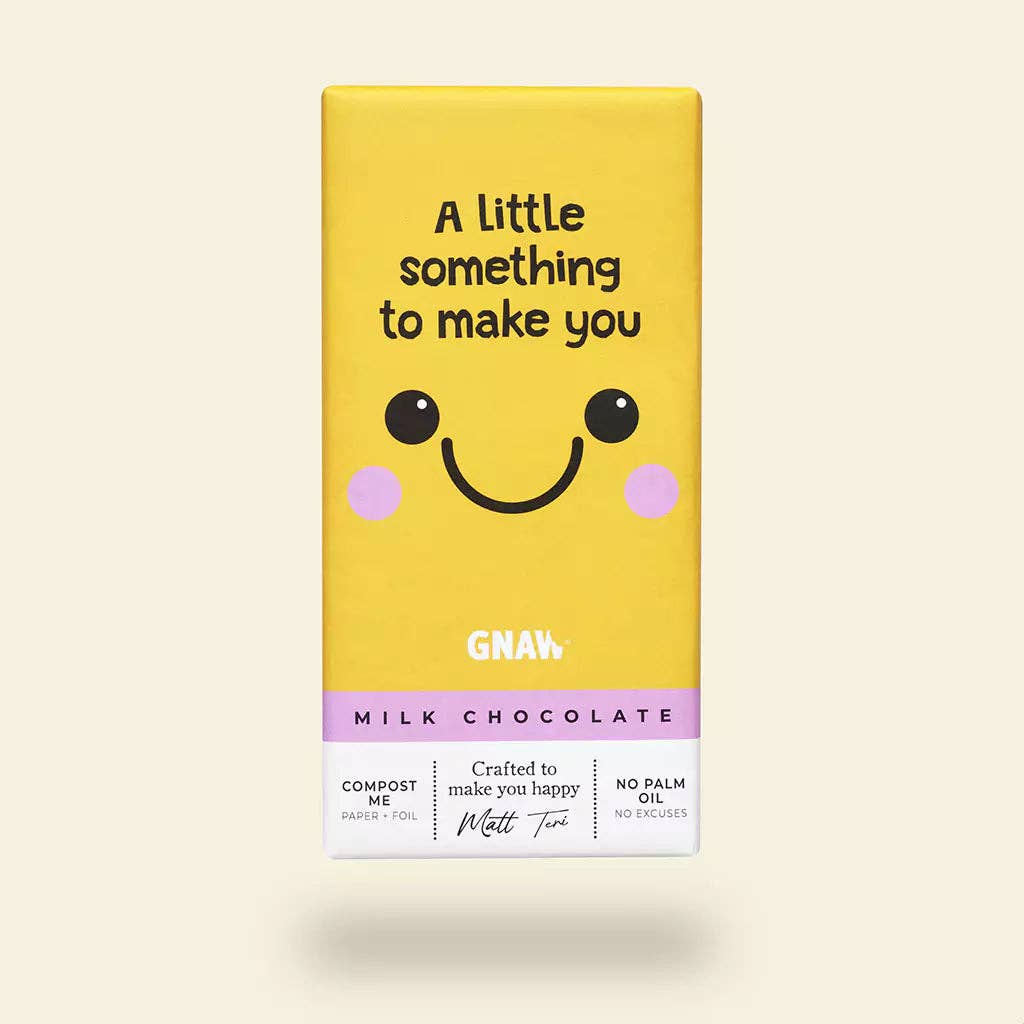 GNAW ‘Something to Make You Smile’ milk chocolate bar in compostable packaging