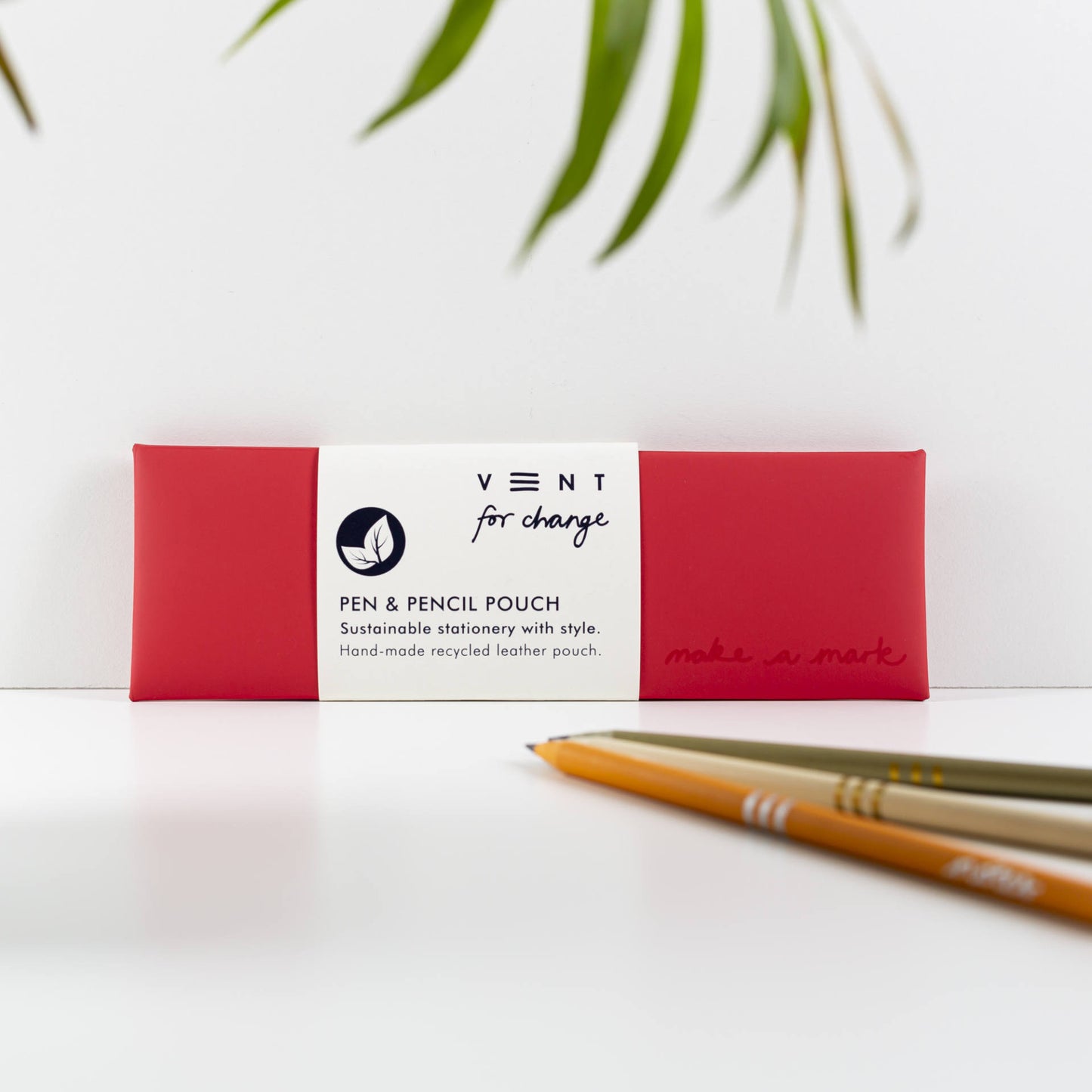 Recycled leather pencil case debossed with Make a Mark logo, handmade in Italy, eco-friendly and gift-ready - red