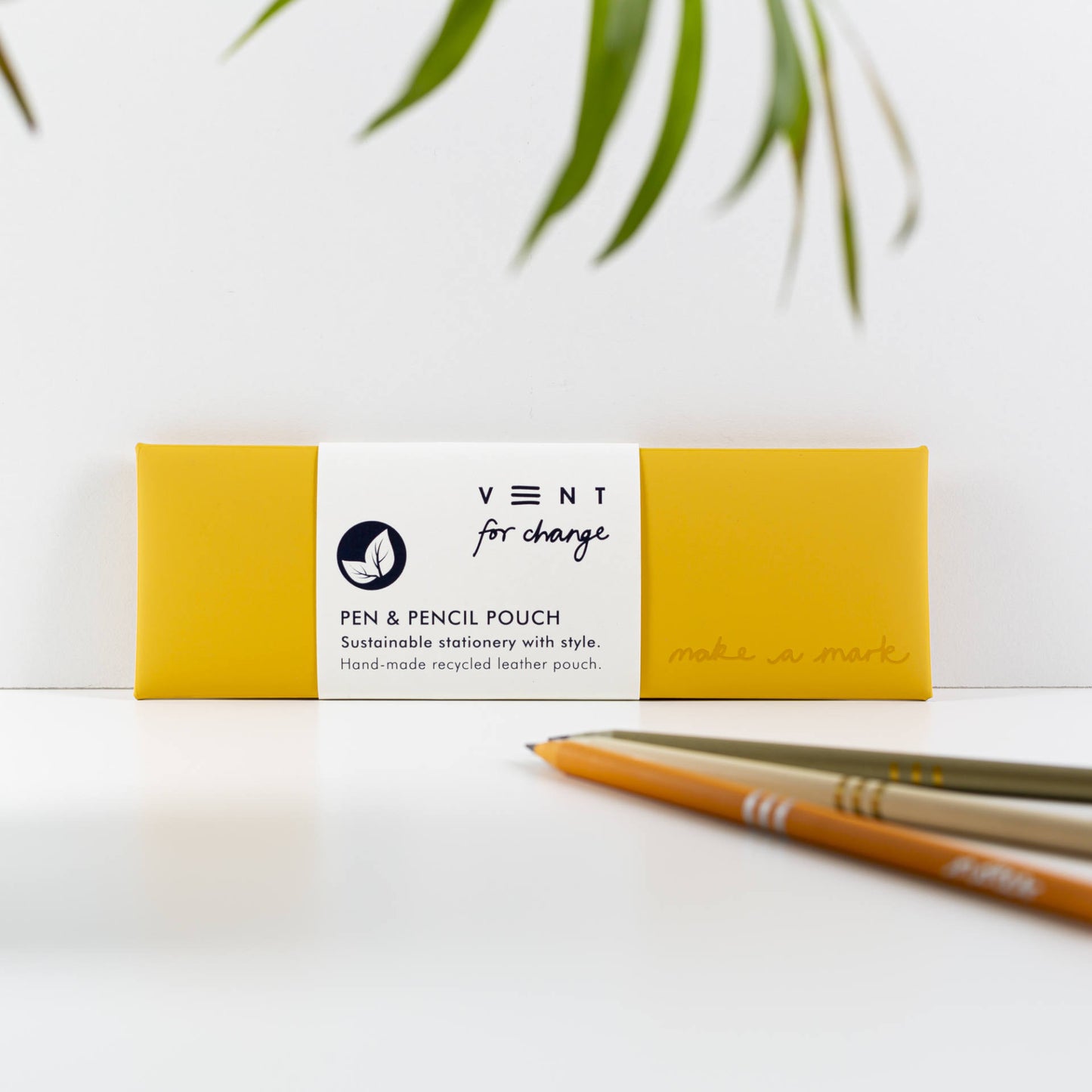 Recycled leather pencil case debossed with Make a Mark logo, handmade in Italy, eco-friendly and gift-ready - yellow