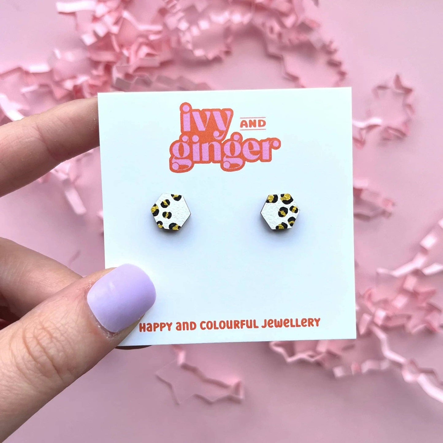 WHITE + GOLD FADED LEOPARD PRINT MINI HEXAGON STUDS
