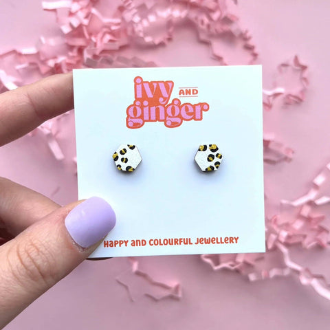 WHITE + GOLD FADED LEOPARD PRINT MINI HEXAGON STUDS