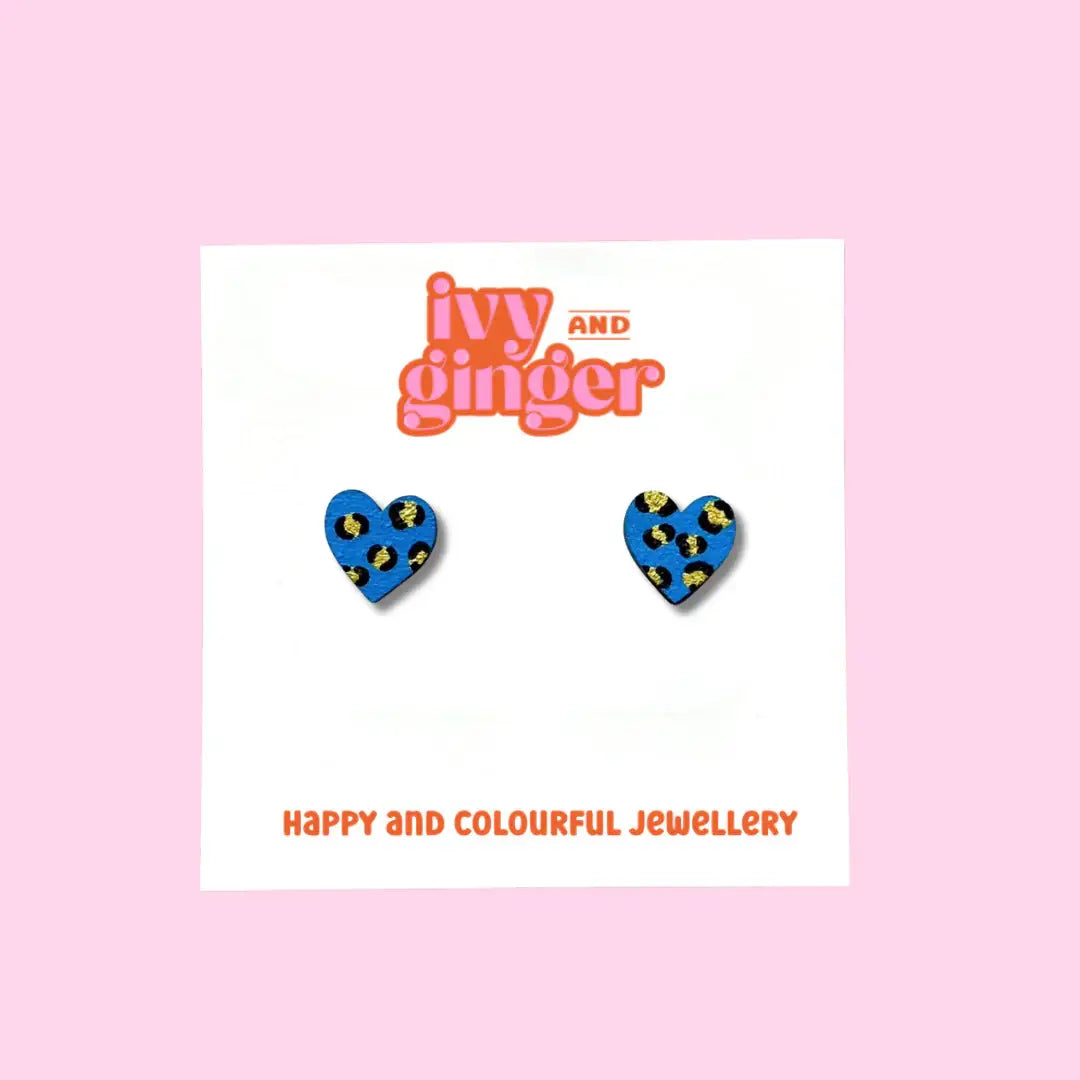Hand painted bright blue and gold heart stud earrings made from FSC wood with surgical steel posts, 10mm in size, lightweight and gift-ready.