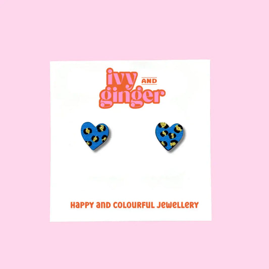 Hand painted bright blue and gold heart stud earrings made from FSC wood with surgical steel posts, 10mm in size, lightweight and gift-ready.