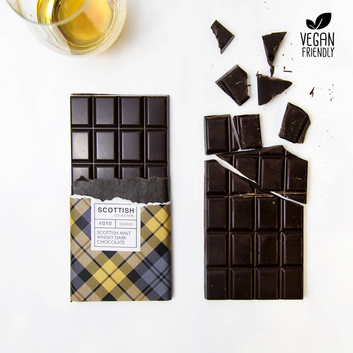 Whisky-infused Belgian dark chocolate bar, handmade in Edinburgh with plastic-free packaging, 100g