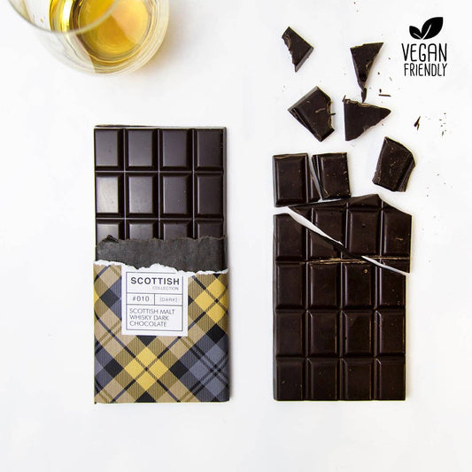 Whisky-infused Belgian dark chocolate bar, handmade in Edinburgh with plastic-free packaging, 100g